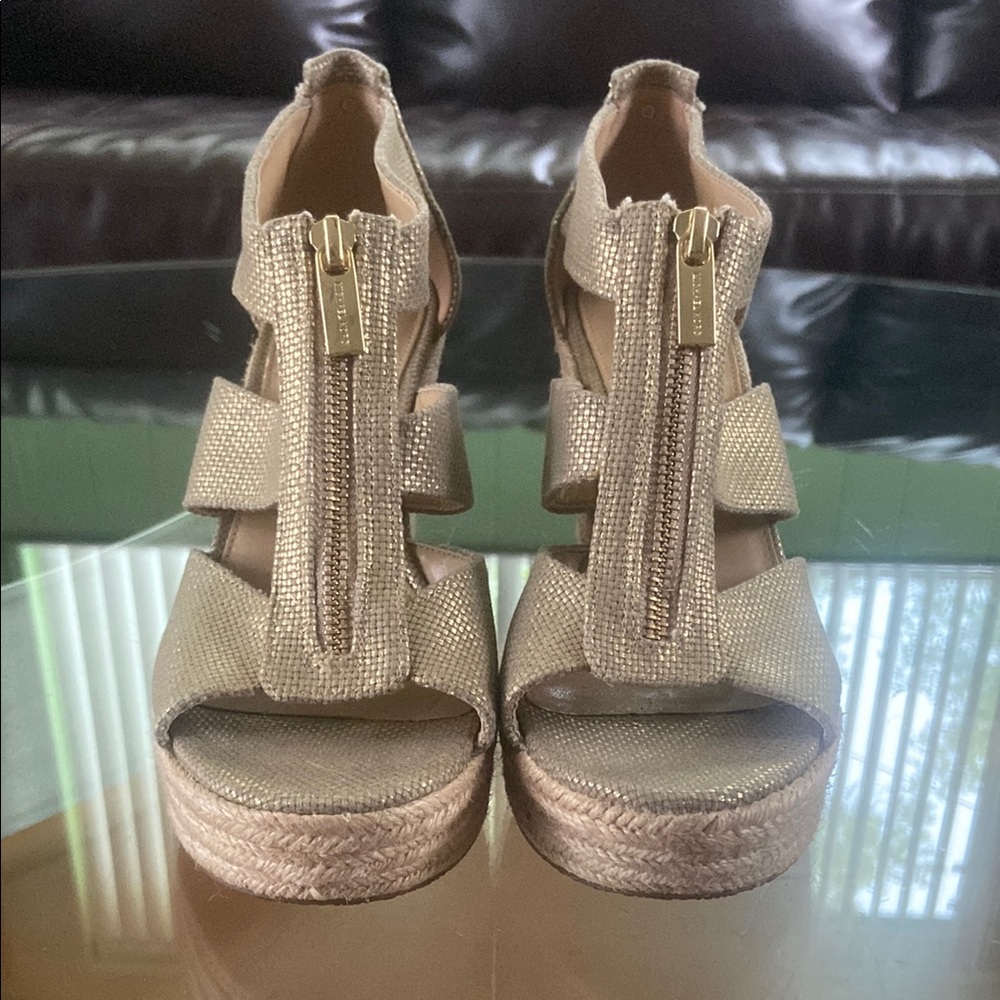 Gold Wedge Sandals with Front Zip - Women
